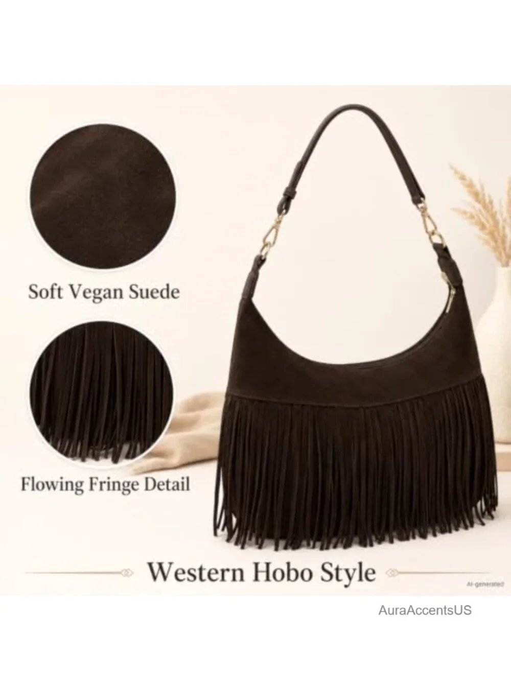 Faux Leather Fringe Hobo Shoulder Crossbody Bag Vegan Suede Tassel